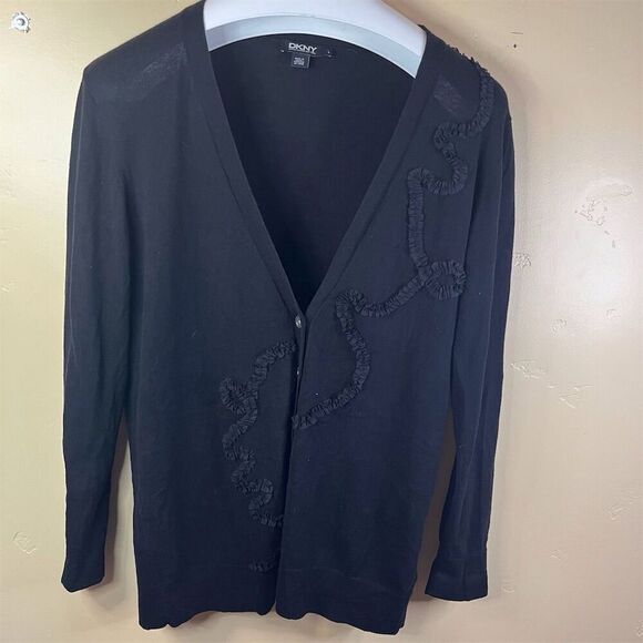 DKNY Women's Black Cardigan Sweater Large Ruffle Detail Long Sleeve‎ Career Wear - Picture 1 of 5